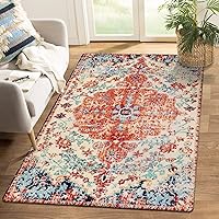 Lahome Bohemian Floral Medallion Area Rug - 4x6 Oriental Distressed Bedroom Rug Country Vintage Faux Wool Indoor Throw Mat Non-Slip Washable Low-Pile Carpet for Bathroom Living Kitchen Laundry Room