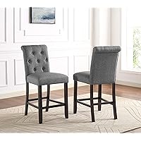 Roundhill Furniture Hendley Solid Wood Tufted Counter Height Stools, Set of 2, Gray