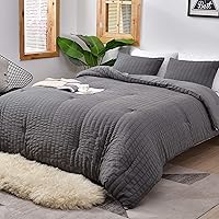 Seersucker Queen Comforter Set (90x90 inches), 3 Pieces- 100% Soft Washed Microfiber Lightweight Comforter with 2 Pillowcases, All Season Down Alternative Comforter Set for Bedding, Grey