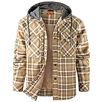 Flygo Men's Outdoor Casual Buck Camping Fleece Sherpa Lined Hooded Plaid Flannel Shirt Jacket(02 Hooded Khaki-M)