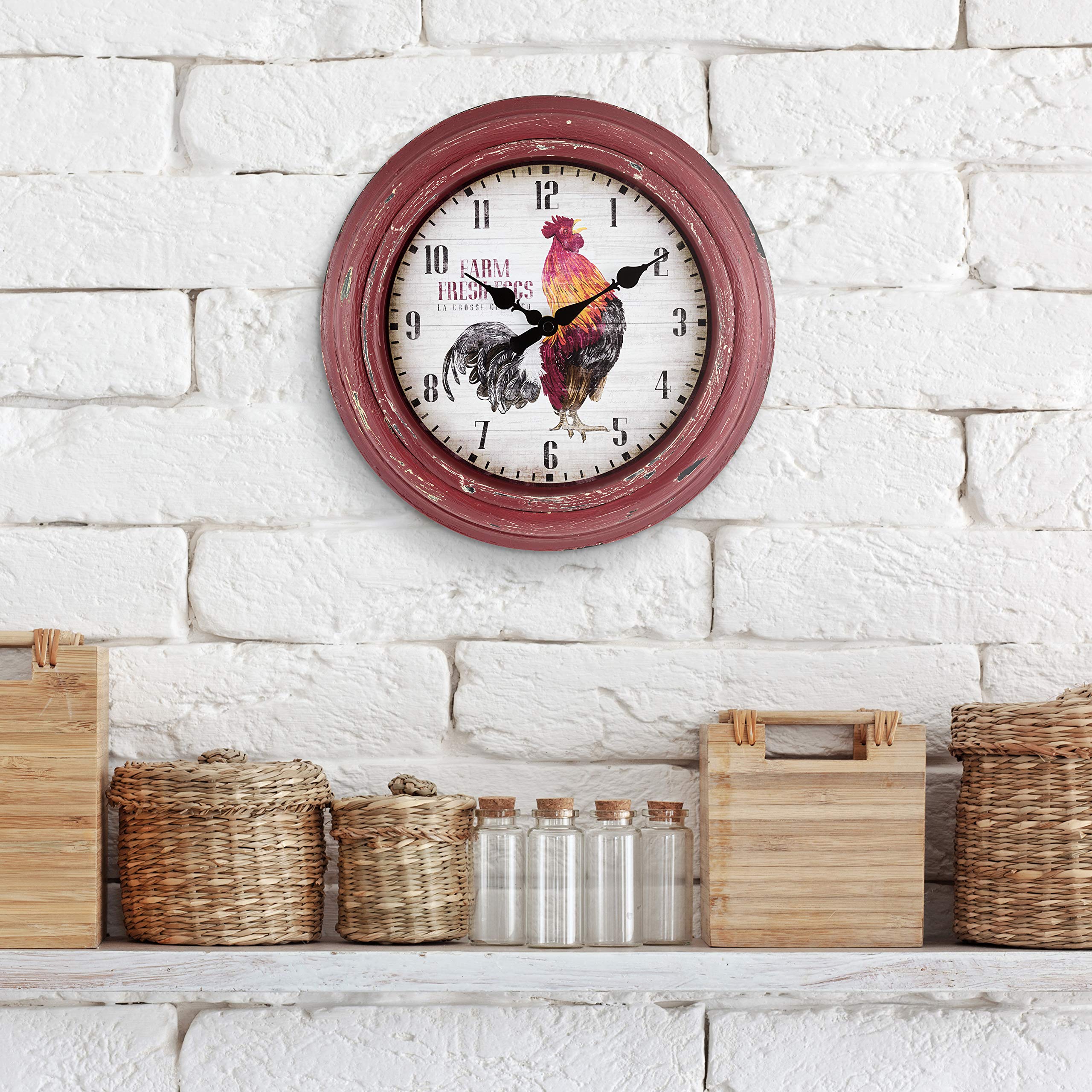 La Crosse Technology 404-3630 12 Inch Distressed Red Rooster Quartz Wall Clock