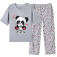 Vopmocld Big Girls' 2-Piece Cotton Pajamas Cute Cat Panda Sleepwear Short Sleeve Long Pants Nighty Sets