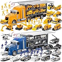 JOYIN 25pcs Die-cast Construction Play Vehicle Set with 25pcs Police Rescue Truck Car Toy Set, Carrier Truck with Sounds and Lights, Birthday Gifts for Over 3 Years Old Boys