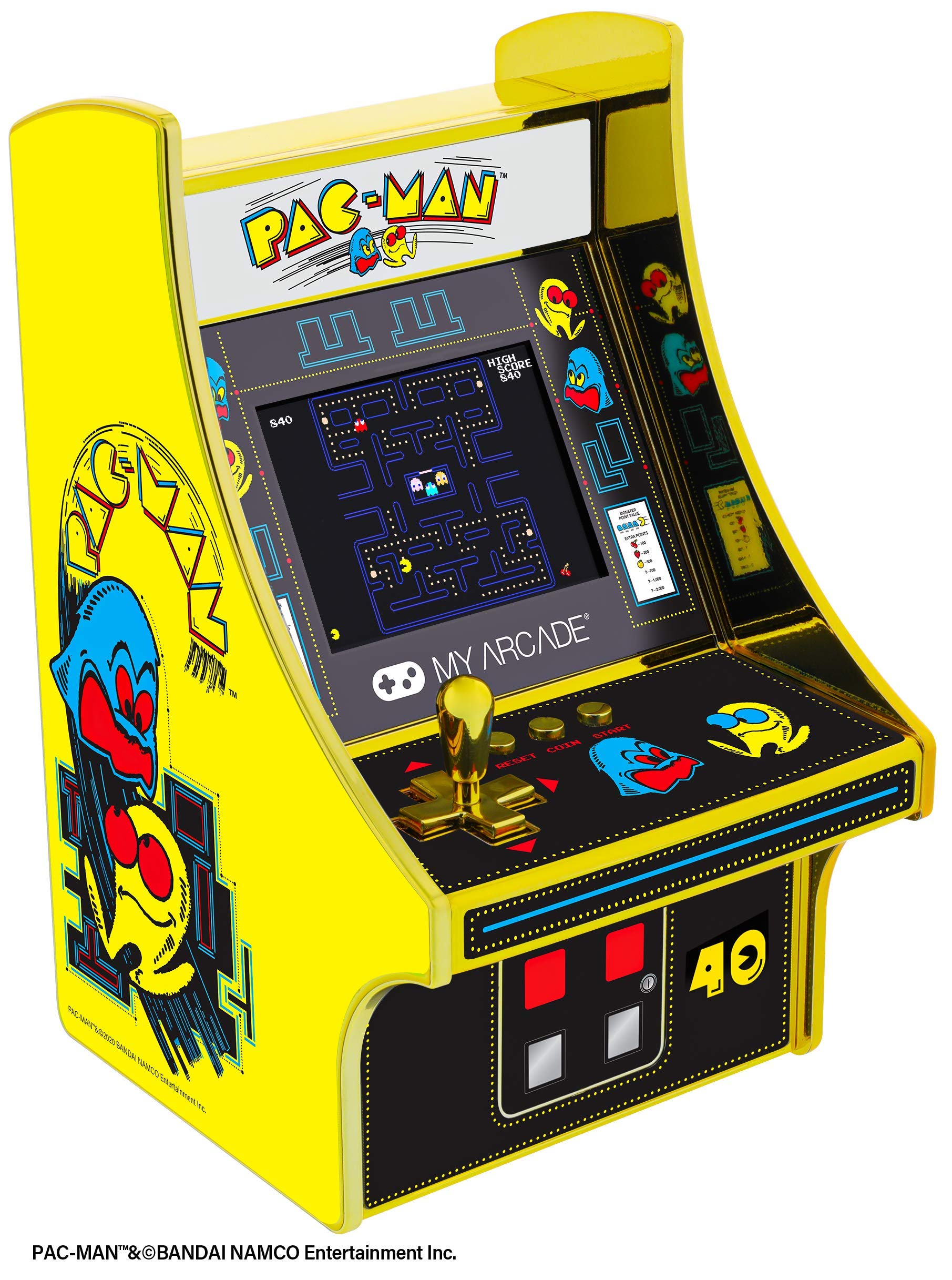 My Arcade Pac-Man 40th Anniversary Micro Player, Fully Playable, 6.75 Inch Collectible, Full Color, Gold Plated, Battery or Micro USB Powered (DGUNL-3290), yellow