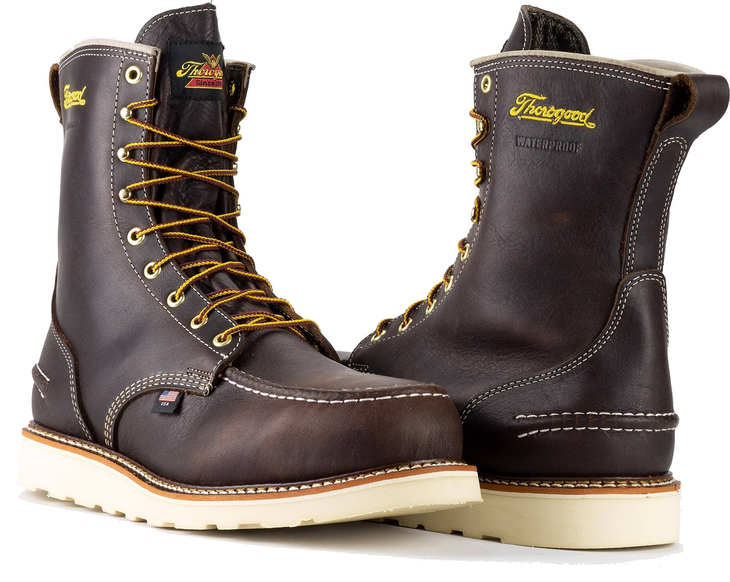 Thorogood 1957 Series 8” Waterproof Steel Toe Work Boots for Men - Full-Grain Leather with Moc Toe, Slip-Resistant Wedge Outsole, and Shock-Absorbing Insole; EH Rated