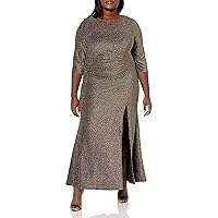 S.L. Fashions Women's Long Metallic Side Ruched Dress with Slit (Reg Petite Plus)