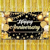 KatchOn, XtraLarge Gold Fringe Curtain Backdrop - 8x3.2 Feet, Pack of 3 | Happy Anniversary Banner Black and Gold - XtraLarge, 72x44 Inch | Black and Gold Streamer Backdrop, Graduation Decorations
