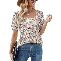 LUYAA Womens Summer Tops 2024 Square Neck Puff Sleeve T Shirts Short Sleeve Soft Loose Fit Tunic Blouse