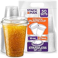 16 oz Clear Plastic Cups with Strawless Sip-Lids [50 Sets] PET Crystal Clear Disposable 16oz Plastic Cups with Lids - Crystal Clear, Durable Cup - BPA Free + Crack Resistant, for Coffee, Juice, Shakes