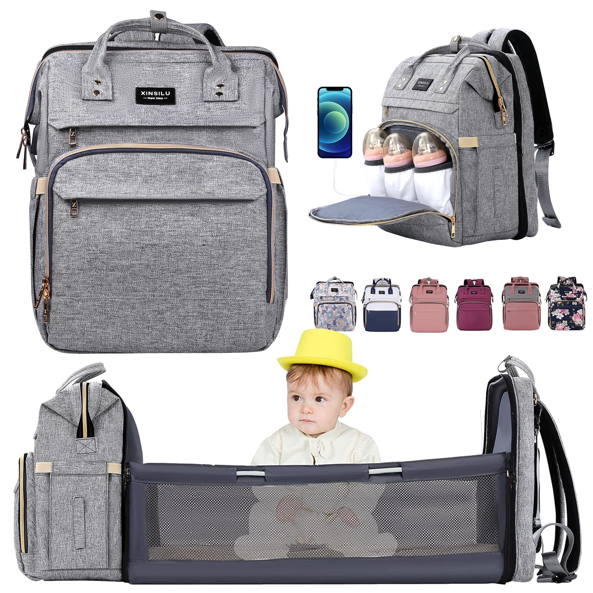 Xinsilu Diaper Bag Backpack Large Baby Diaper Bags for Boys & Girls with Changing Station,Changing Bags Baby Registry Search Waterproof Stylish Newborn Baby Essential Gifts Lightg Grey