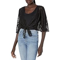 Star Vixen Women's 3/4 Sleeve Stretch Lace Tiefront Shrug Sweater