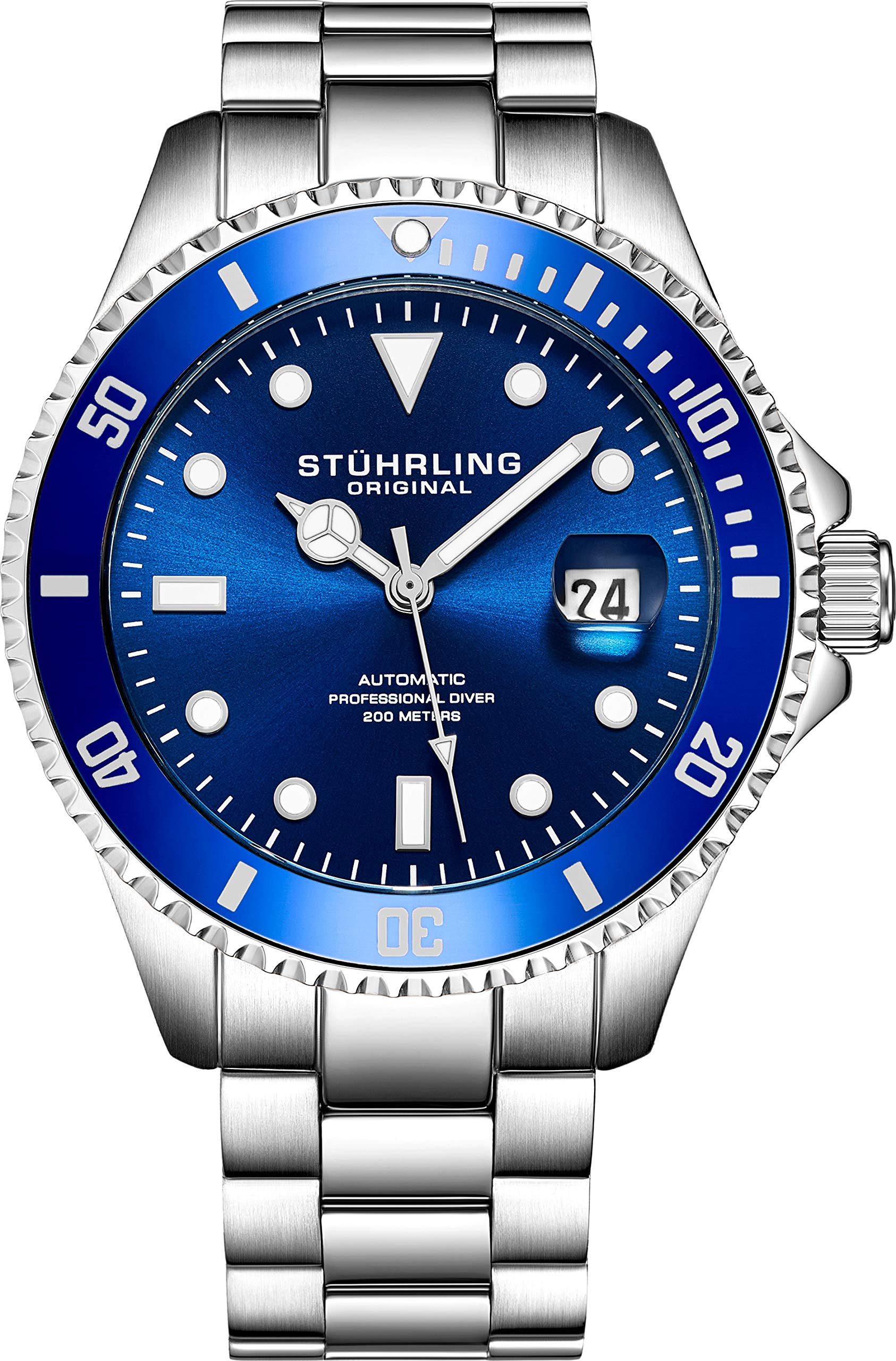 Stuhrling Original Mens Stainless Steel Automatic Self Wind Dive Watch Deep Blue Dial 200M Water Resistant Unidirectional Ratcheting Bezel Screw Down Crown Sport Watch 792 Series
