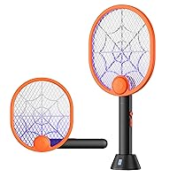 Electric Fly Swatter, Type-C Rechargeable Bug Zapper Racket with Charging Base, Foldable Bug Zapper for Indoor and Outdoor, Mosquito Swatter with Blue-Purple Working Light(Orange&Black)