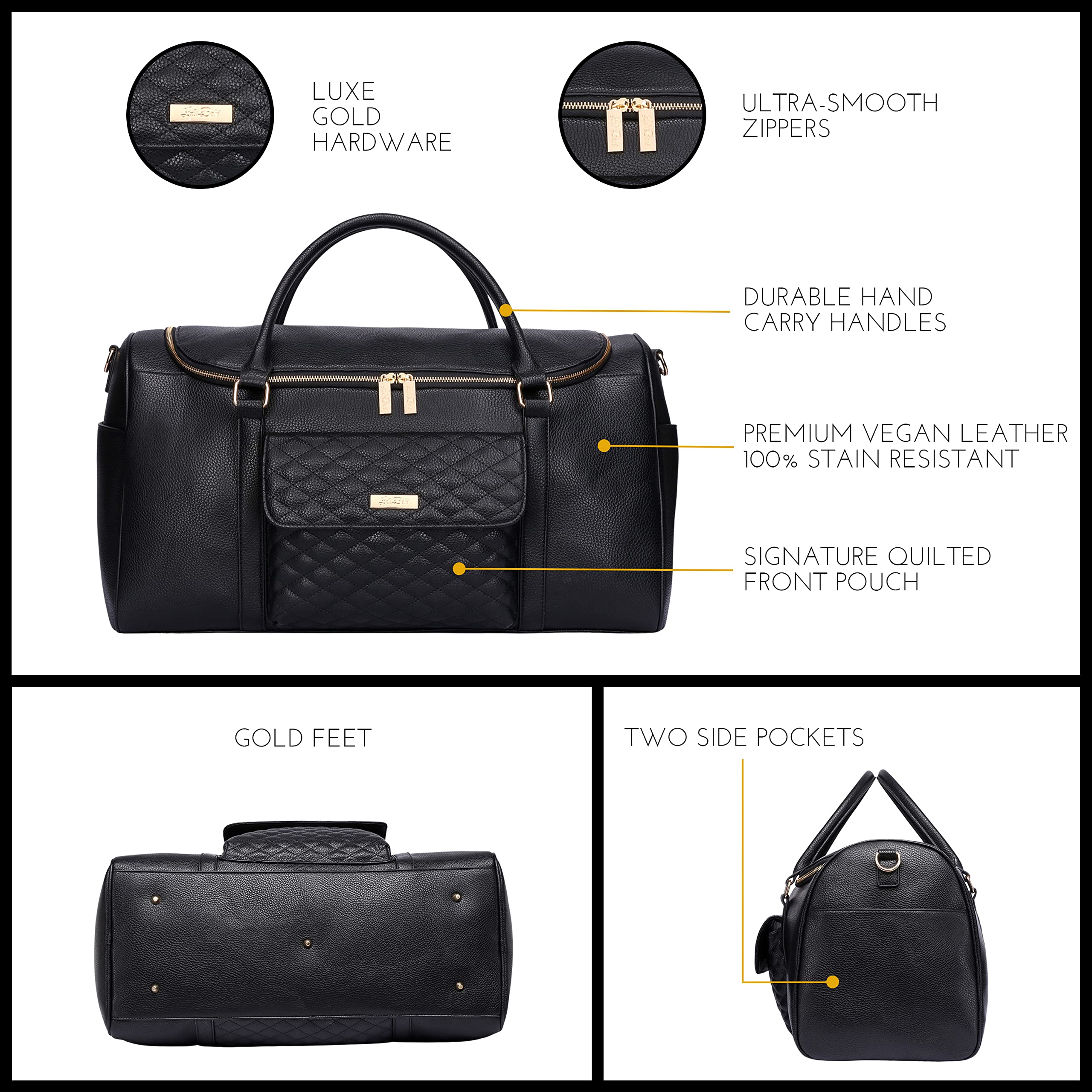 Monaco Petit Diaper Bag + Travel Duffel Bag by Luli Bebe - Chic Vegan Leather (Ebony Black)