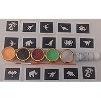 Dragon & Dinosaur Themed Temporary Tattoo Stencils Set Include 30 Stencils + 5 Glitter Colors