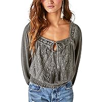 Lucky Brand Women's Beaded Peasant Top, Washed Black, XX-Large