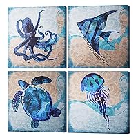 Ocean Animal Theme Teal Home Wall Art Decor Blue Mediterranean Style Canvas Prints Framed Stretched Ready to Hang Octopus Turtle Sea Fish Angelfish Pictures Posters Bathroom Set of 4 Panels 24 x 24