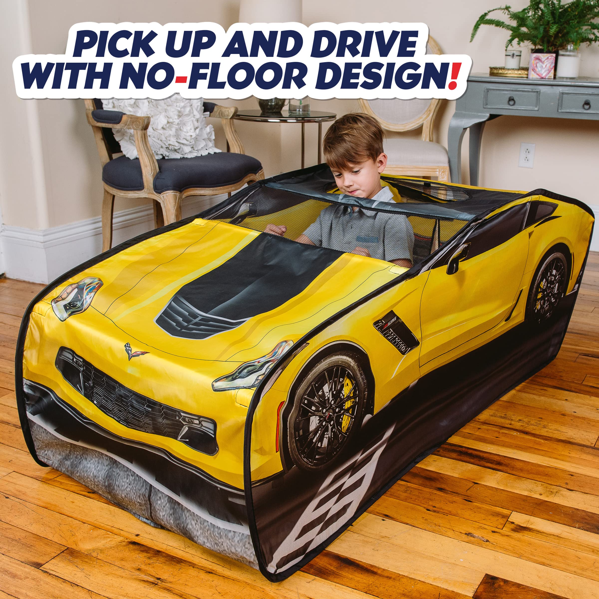 Sunny Days Entertainment Chevy Corvette Pop Up Tent | Large Sports Car Play Tent for Kids, Yellow