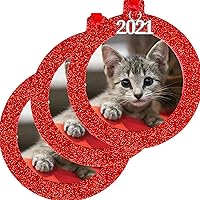 2021 Magnetic Glitter Christmas Photo Frame Ornament with Non Glare Photo Protector, Round - Red, 3-Pack