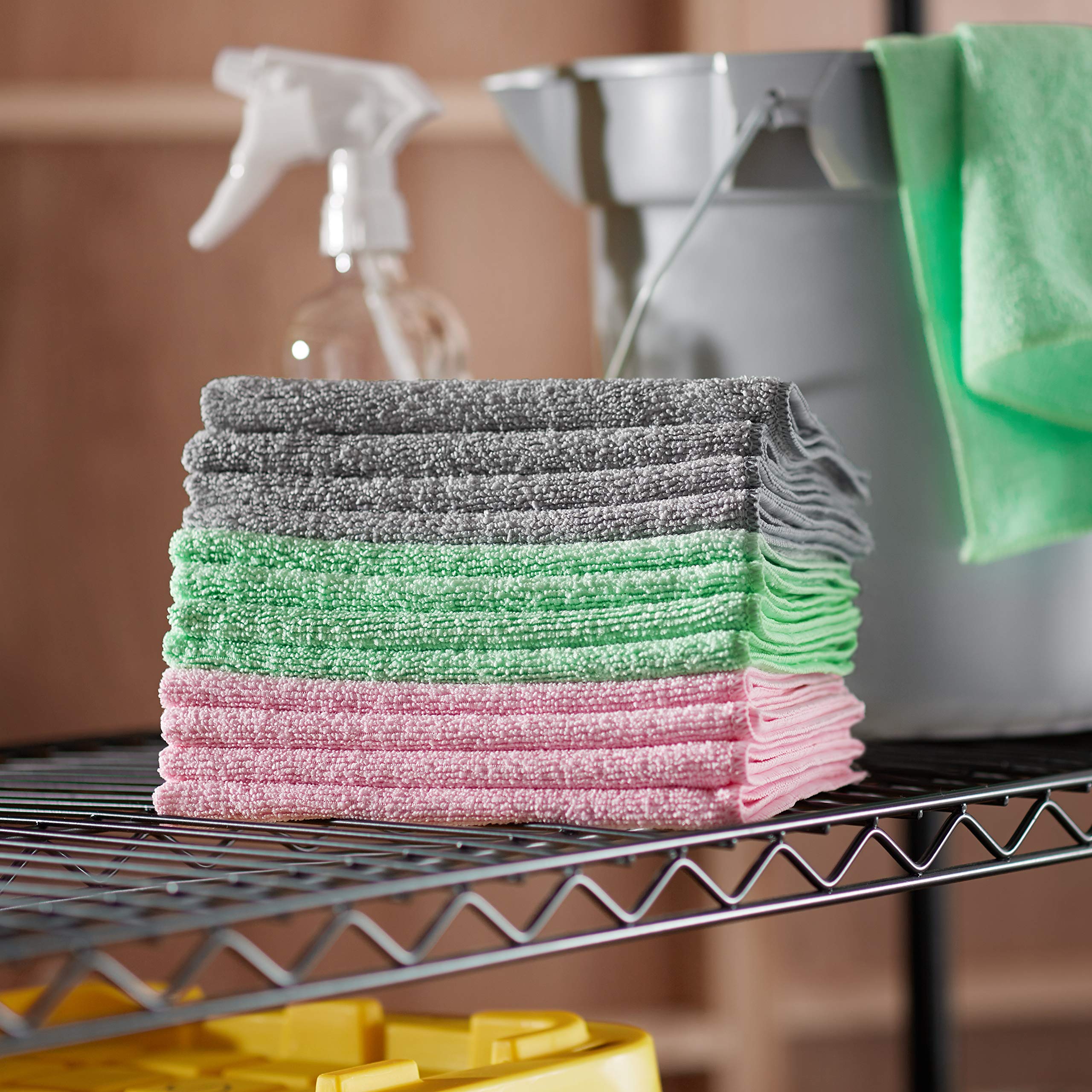 Amazon Basics Microfiber Cleaning Cloth, Non-Abrasive, Reusable and Washable, Pack of 36, Green/Gray/Pink, 16