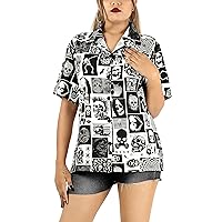 LA LEELA Women's Hawaiian Blouse Dresses Button Down Summer Tops Dress Shirt Short Sleeve Halloween Haunted Vintage Shirts for Women M Allover Skulls, Black