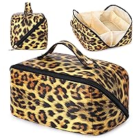 Large Capacity Travel Cosmetic Bag Portable PU Leather Waterproof Leopard Travel Makeup Bag Flat Open Bag with Handle Skincare Cosmetic Bag for Women Birthday Fall Thanksgiving Christmas Gifts