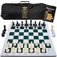 Mynnnat Professional Chess Set, Thick Tournament Roll up Board and Pieces with Travel Bag, Checkers and Unique Booklet for Chess Training - White & Green