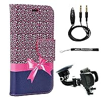 Samsung Galaxy J3 Case, Pink Cheetah Ribbon PU Leather Book Flip Wallet Case with Card Slots and Windshield Car Mount and AUX Cable