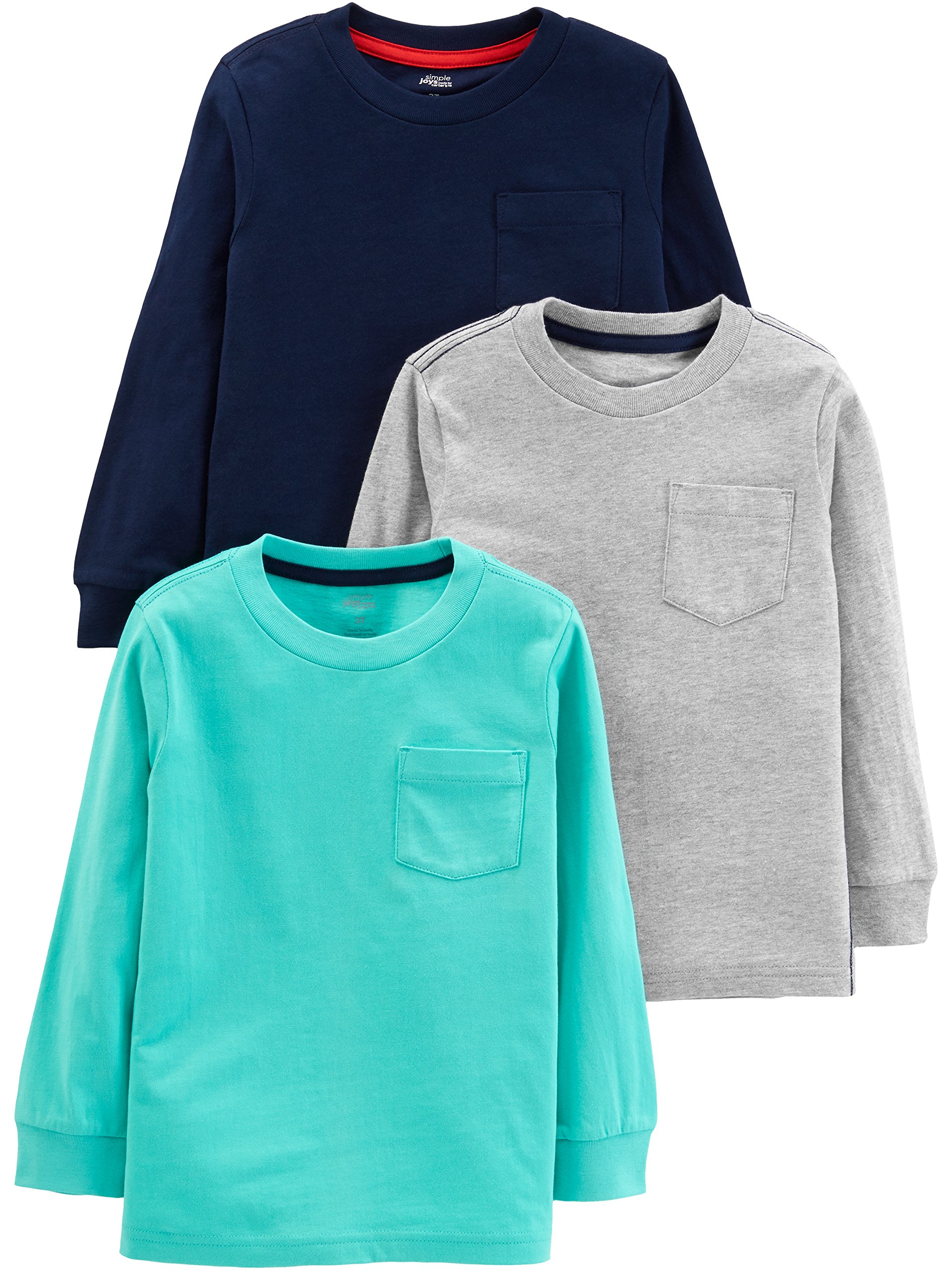 Simple Joys by Carter's Toddler Boys' Long-Sleeve Shirts, Pack of 3, Grey/Blue/Navy, 4T