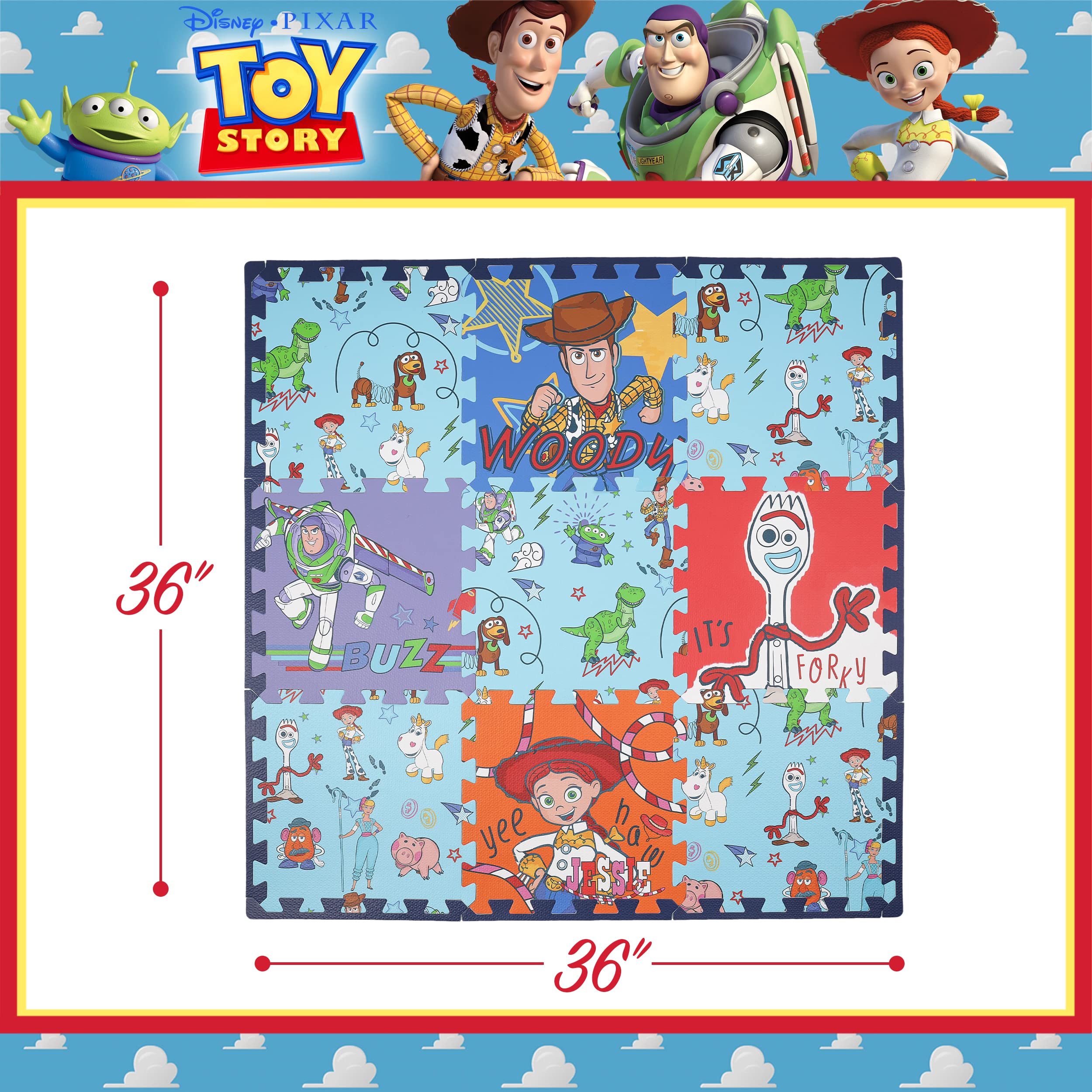 Disney Pixar Toy Story EVA Foam Mat, The Crew Interlocking EVA Foam Flooring Tiles, Blue, 36 x 36 Inches