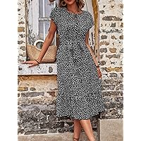 Summer Dresses for Women 2022 Heart Print Batwing Sleeve Ruffle Hem Belted Dress Dresses for Women (Color : Black and White, Size : Small)