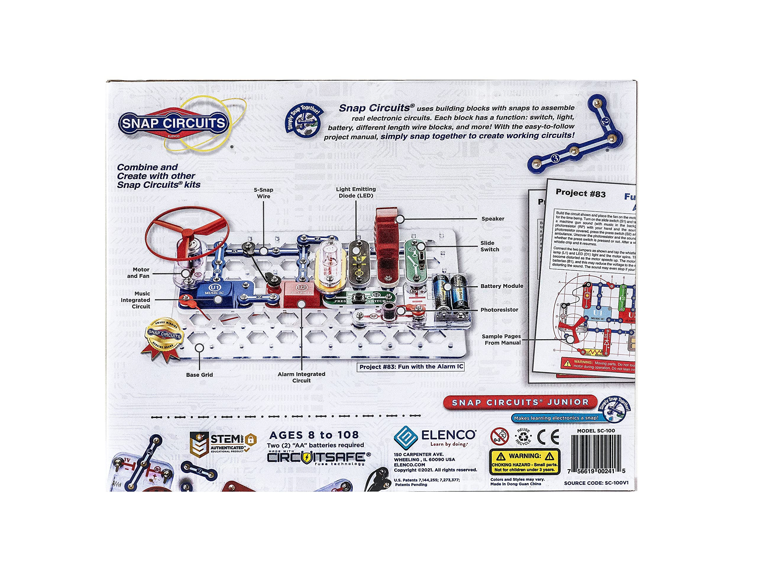 Snap Circuits Jr. SC-100 Electronics Exploration Kit, Over 100 Projects, Full Color Project Manual, 28 Parts, STEM Educational Toy for Kids 8 +