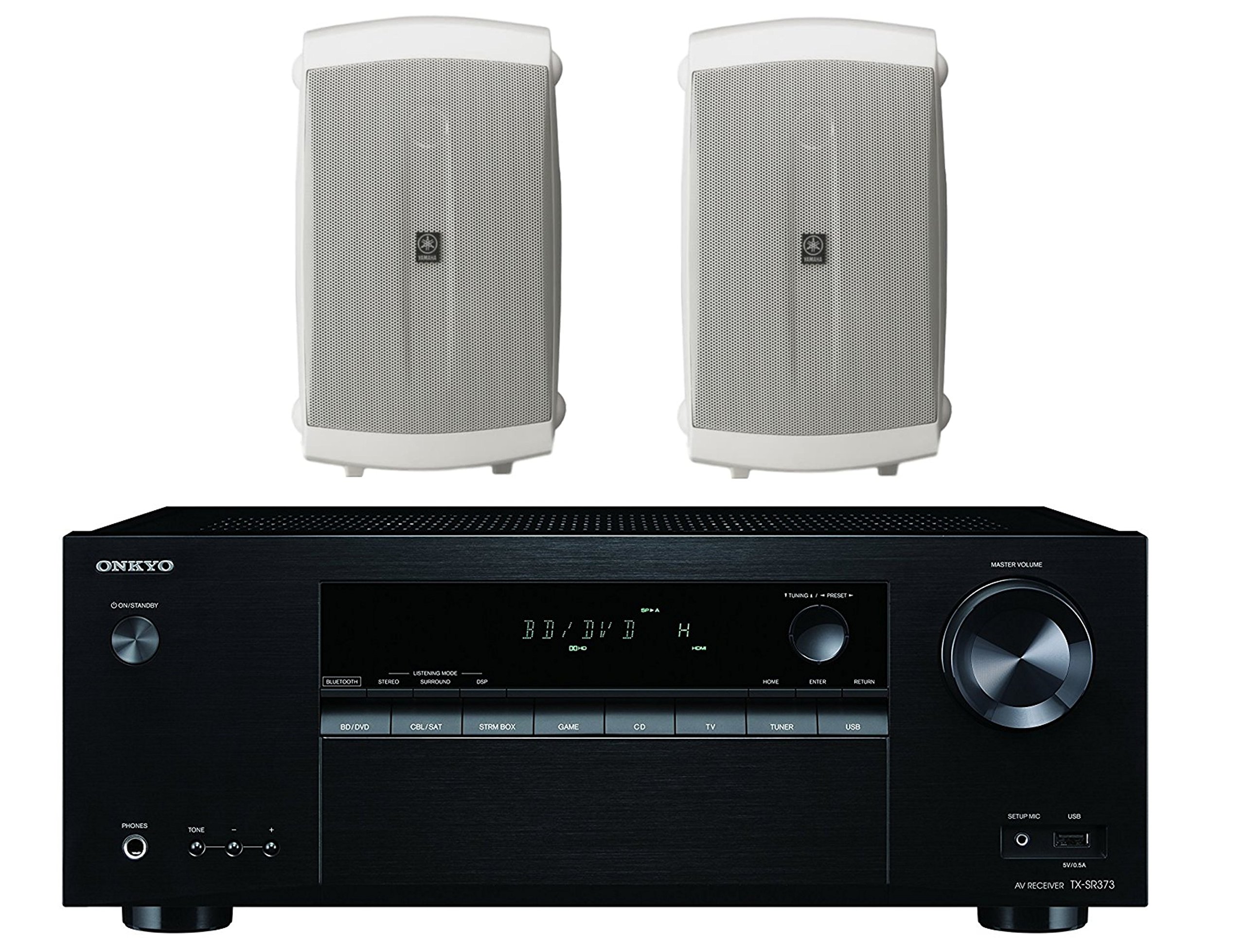 Onkyo 5.2 Channel Full 4K Bluetooth AV Home Theater Receiver + Yamaha High-Performance Natural Surround Sound 2-Way Indoor/Outdoor Weatherproof Speaker System (Pair)