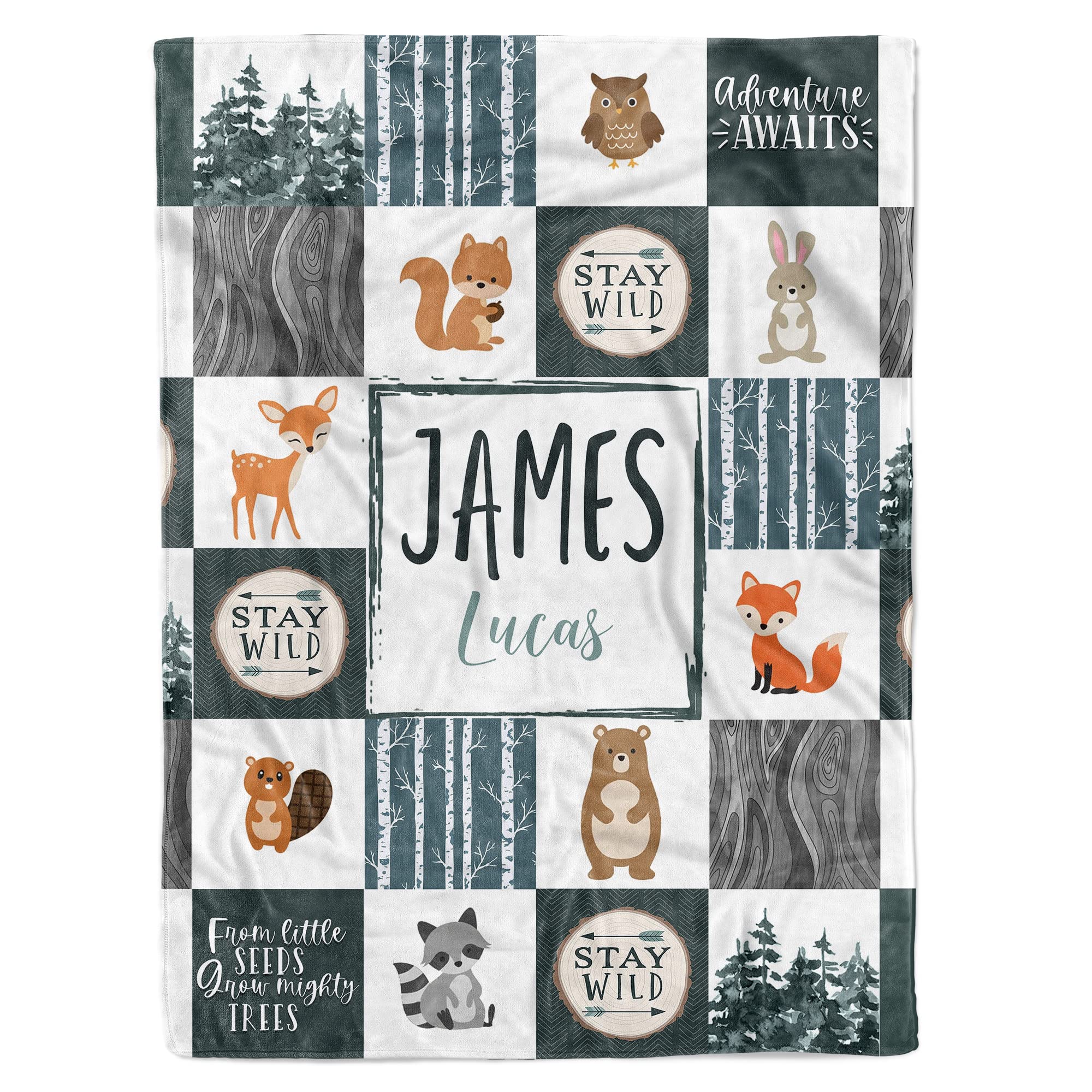 MDPrints Woodland Personalized Baby Blankets - Custom Baby Blanket with Name for Boys - Soft Plush Fleece (Woodland 214b)