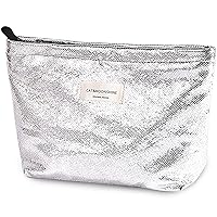 Makeup Bag Cosmetic bag Silver Preppy Canvas Toiletry Bag for women Cute zipper pouch Organizer Travel accessories (Shiny Silver, Large)