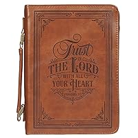 Christian Art Gifts Classic Vegan Leather Bible Cover for Men & Women: Trust in The Lord Inspirational Bible Verse, Sturdy Easy Carry Book Case, Pen Loops, Pockets, Accessory Storage, Brown, XL