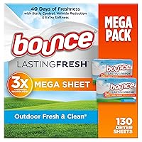 Bounce Lasting Fresh Mega Dryer Sheets, Outdoor Fresh & Clean Fabric Softener Sheets for Long Lasting Freshness, 130 Count (Packaging May Vary)
