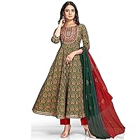 Rajnandini Women's Pure Cotton Embroidered A-Line Anarkali Kurta Set with Dupatta (Ready to Wear; Green and Red;-P)