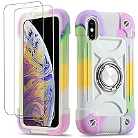 for iPhone Xs Max Case 6.5 Inch with Ring Stand, with 2 Pack Glass Screen Protector,Heavy-Duty Shockproof Rugged Military Grade Cover with Magnetic Car Mount (Rainbow White)