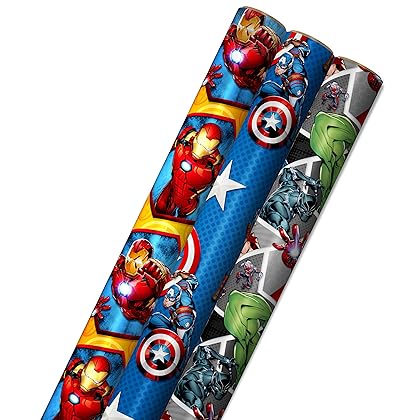 Hallmark Avengers Wrapping Paper with Cut Lines on the Reverse (3-Pack: 60 sq. ft. ttl) with Captain America, Iron Man, Black Widow, Thor and Hulk for Birthdays, Christmas, Father's Day and More
