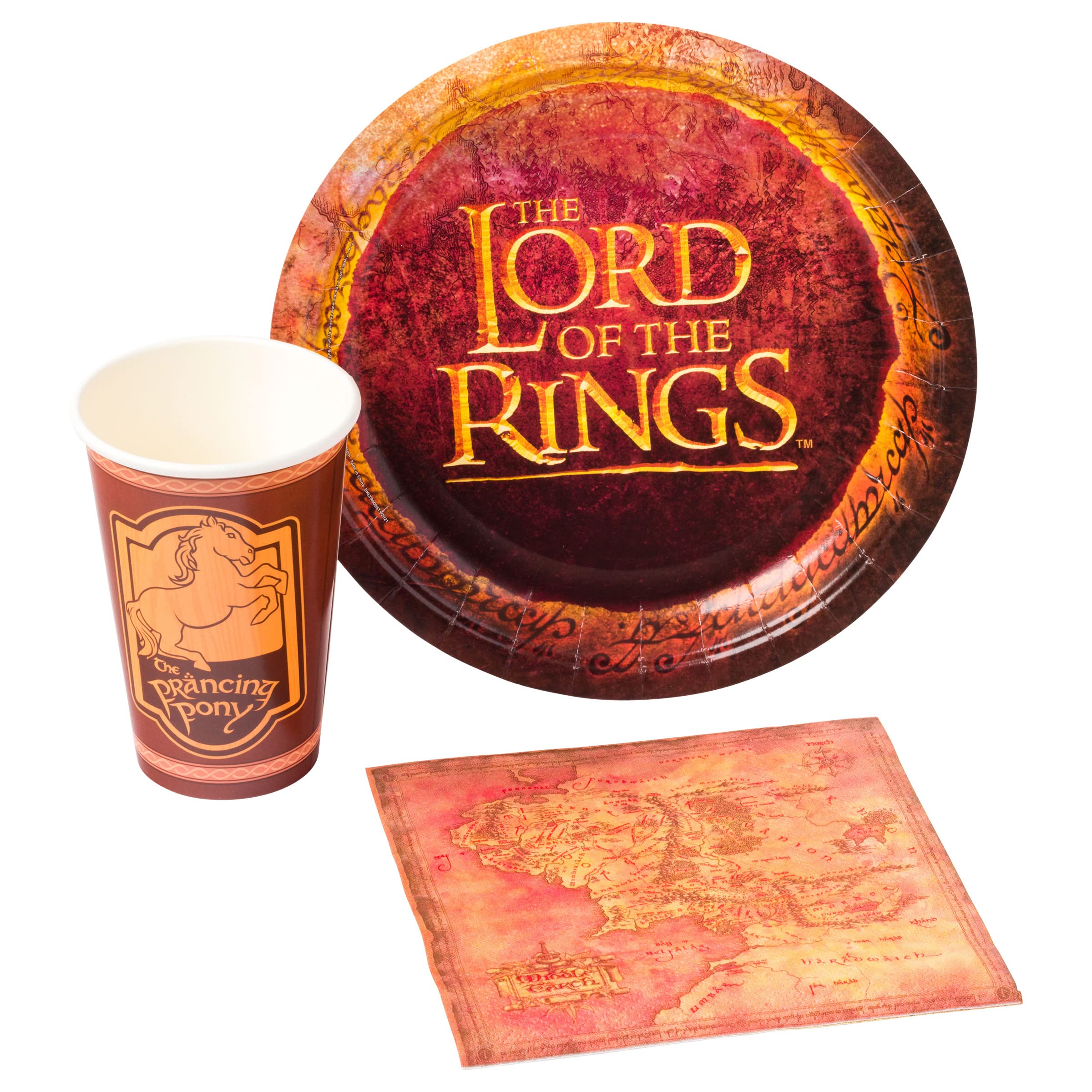 Silver Buffalo Lord of The Rings Map Pony Paper Plates Cups Napkins Party Pack Set, 60 Piece