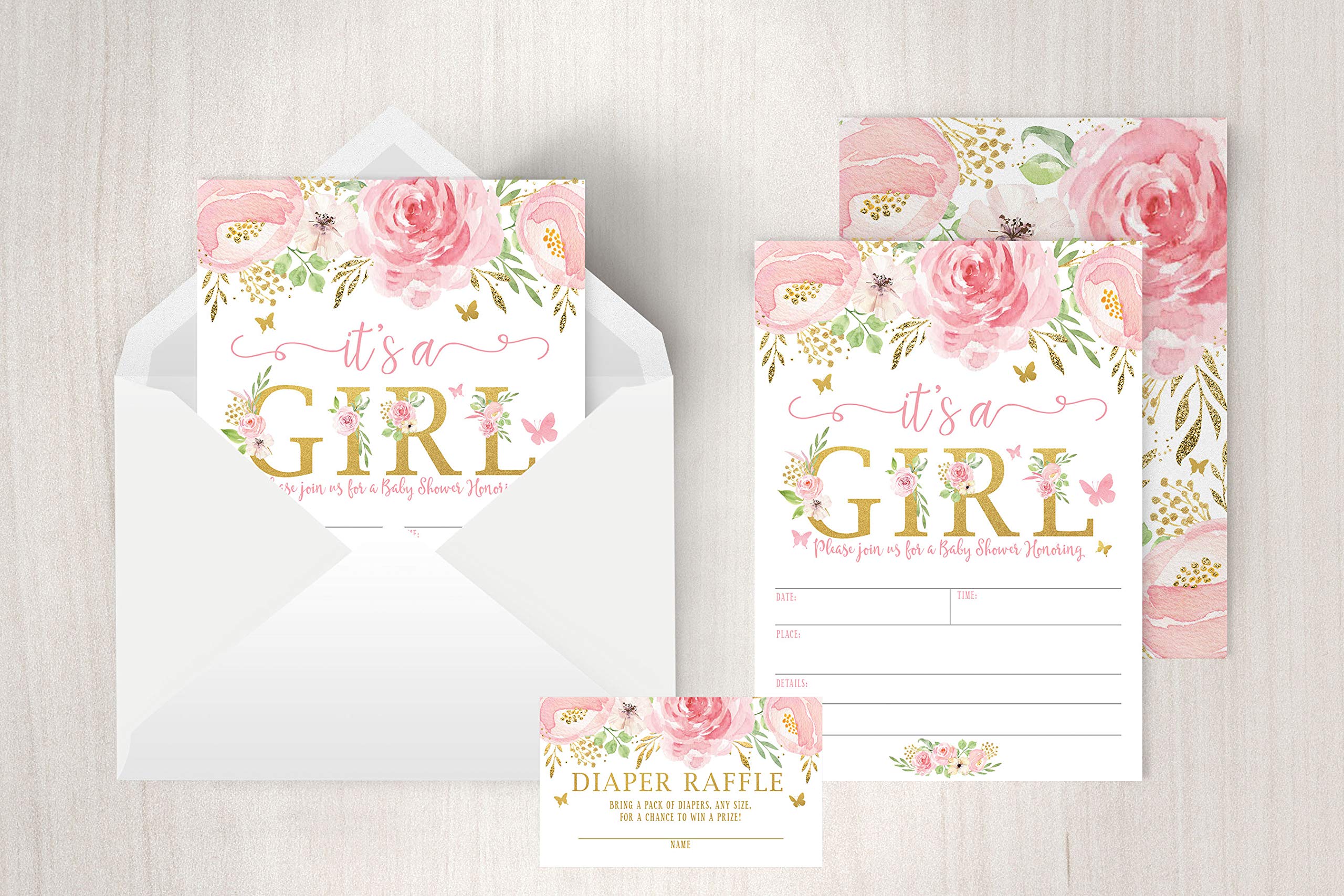 Your Main Event Prints It's a Girl Floral Butterfly Baby Shower Invitation, Pink and Gold Flowers Sprinkle Invites with Diaper Raffle Ticket Cards