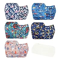 Washable Reusable Baby Cloth Pocket Diapers 5 Pack + 5 Rayon Made from Bamboo Inserts (Boy Car & Sail)