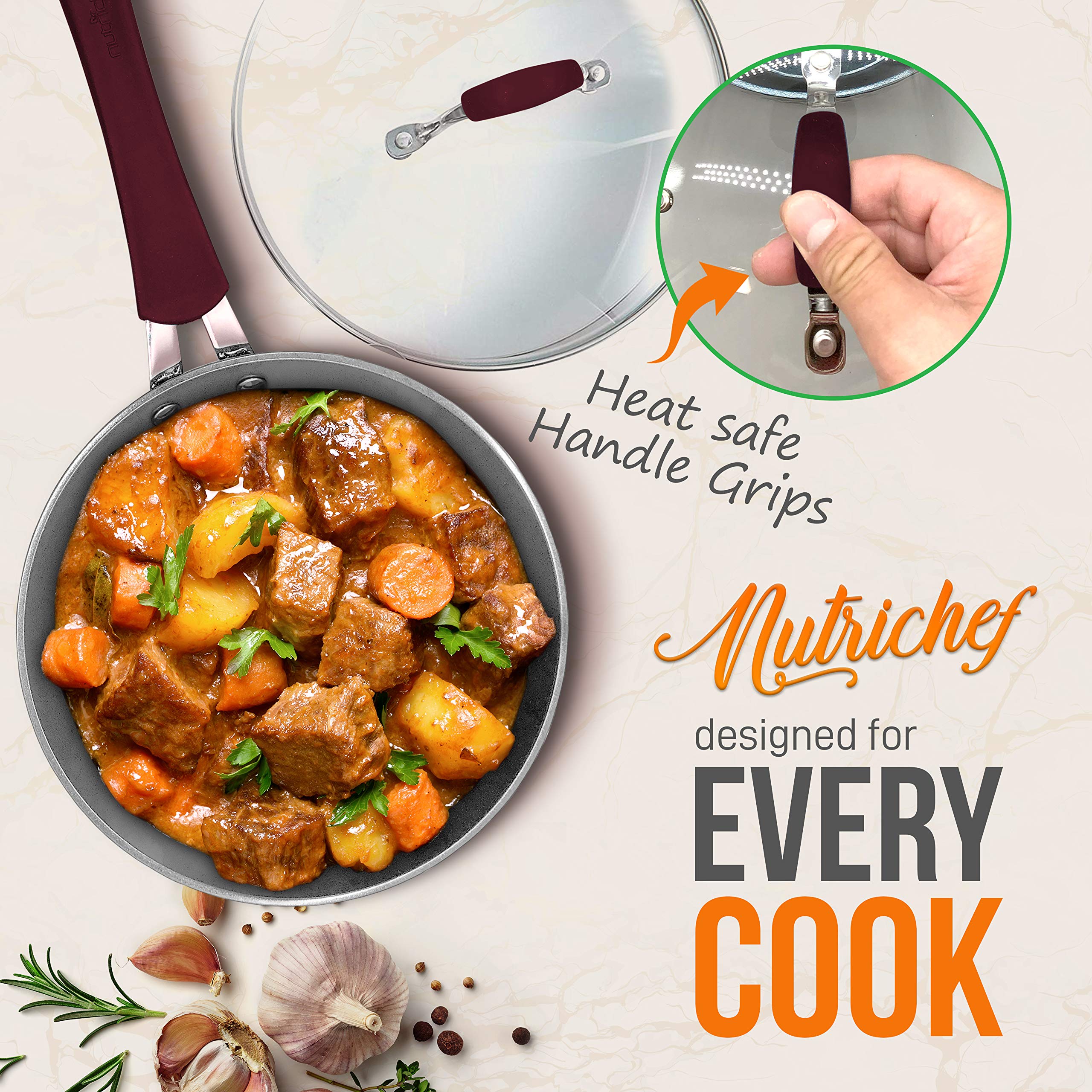 NutriChef Nonstick Cookware Excilon Home Kitchen Ware Pots & Pan Set with Saucepan Frying Pans, Cooking Pots, Lids, Utensil PTFE/PFOA/PFOS free, 11 Pcs, Purple Diamond, One size