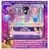 Townley Girl Disney Princess Washable Makeup Set with 9 Pieces, Including Lip Gloss, Nail Polish, Mirror, Gem Stickers and Sequin Holographic Bag, Ages 3+ for Parties, Sleepovers and Makeovers