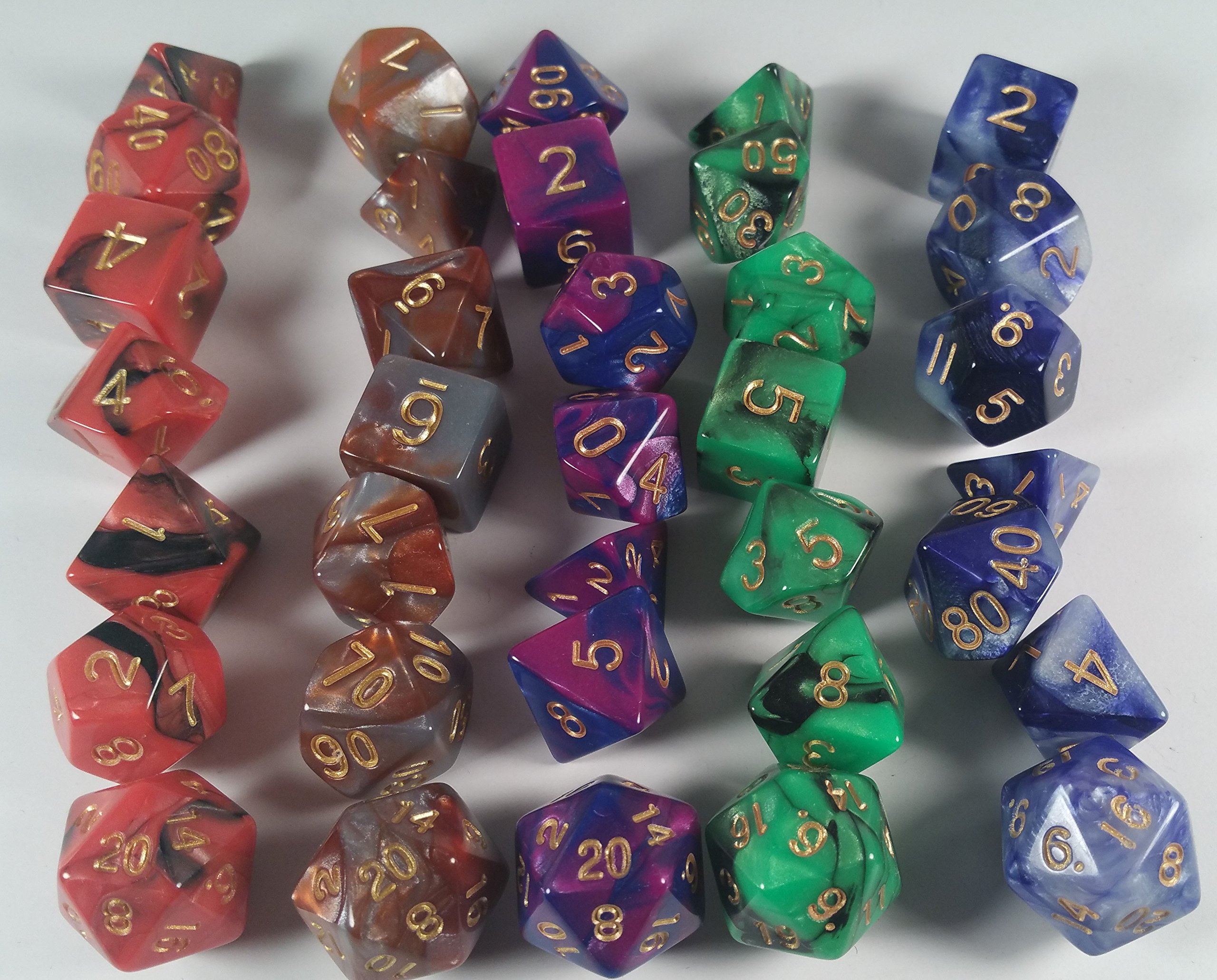 5 Sets Mixed Color Marbled RPG dice with 5 Velvet dice Bags- for Dungeons and Dragons DND and Other
