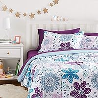 Amazon Basics Kid's Easy Care Microfiber Bed-in-a-Bag 7-Piece Bedding Set, Full/Queen, Purple Flowers, Floral
