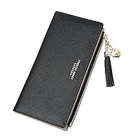 Women's Slim Wallet, Black Leather, Lightweight, Minimalist Design, 12 Credit Card Slots, ID Window, 3 Large Cash Compartments, Zipper Pocket for Coins