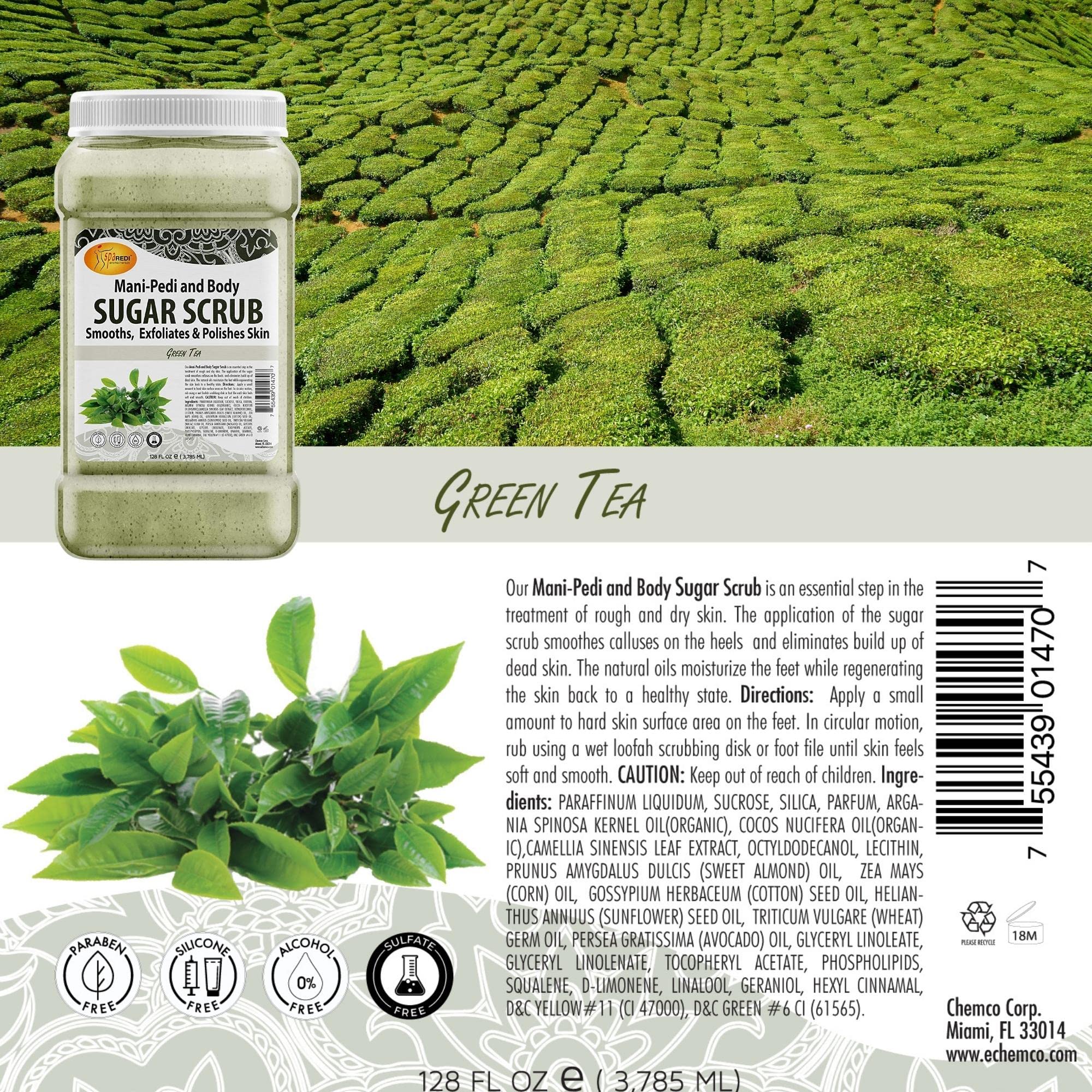 SPA REDI - Sugar Body Scrub, Green Tea, 128 Oz - Exfoliating, Moisturizing, Hydrating and Nourishing, Glow, Polish, Smooth and Fresh Skin - Body Exfoliator