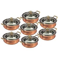 PARIJAT HANDICRAFT Set of 7 Pcs Indian Hammered Copper Serving Bowl for Food Soup with Handle and Glass Lid Decorative Small Seveware